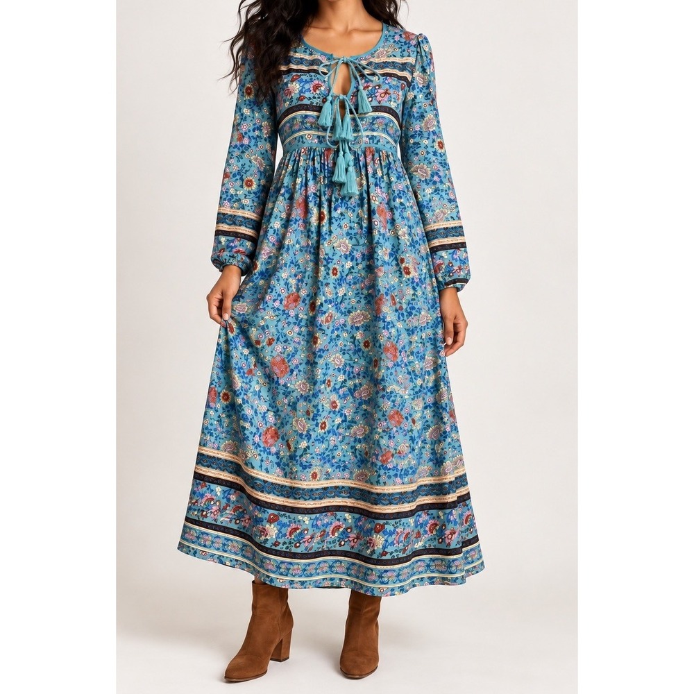 Womens Y2K Vintage Floral Tassel Tie Long Sleeve Midi Dress M Blue Cottagecore